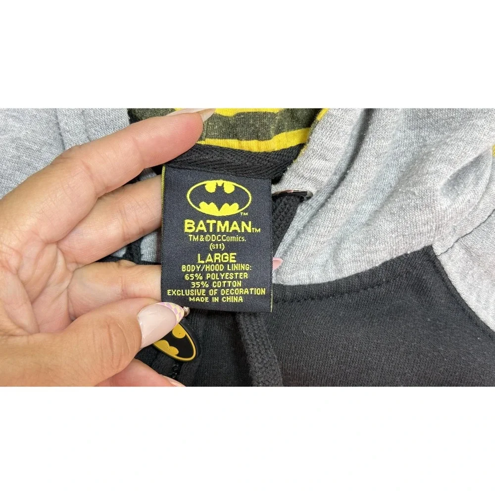 Batman Hoodie Kids Large Black Gray Yellow Full Zip Ears Fleece Logo Sweatshirt